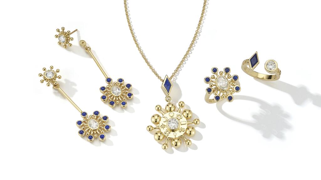 Zulaikha Aziz’s capsule collection consists of, from left, the “Cosmos” earrings in 18-karat Fairmined gold with lapis lazuli and two half-carat oval-cut diamonds ($18,304 retail), the “Bibi” pendant in 18-karat Fairmined gold with lapis and a 0.59-carat diamond ($16,652), the “Cosmos ring in 18-karat Fairmined gold with lapis and a 0.97-carat center stone ($15,732) and the “Zan Symbology ring in 18-karat Fairmined gold with lapis and a half-carat diamond ($10,908). 20220714_Zulaikha Aziz group.jpg